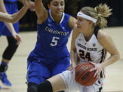 Creighton&#039;s Jaylyn Agnew (5) tries to stop Oregon State&#039;s Sydney Wiese (24) from getting to the basket during the first half of a second-round game in the women&#039;s NCAA college basketball tournament Sunday, March 19, 2017, in Corvallis, Ore. (AP Photo/ Timothy J.