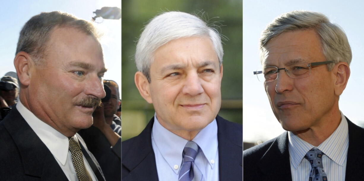 Former Penn State Vice President Gary Schultz, left, former Penn State Director of Athletics Tim Curley, right, and former Penn State President Graham Spanier, center, in Harrisburg, Pa. Curley pleaded guilty to a misdemeanor child endangerment charge on March 13 for his role in the Jerry Sandusky child molestation case, more than five years after the scandal broke.