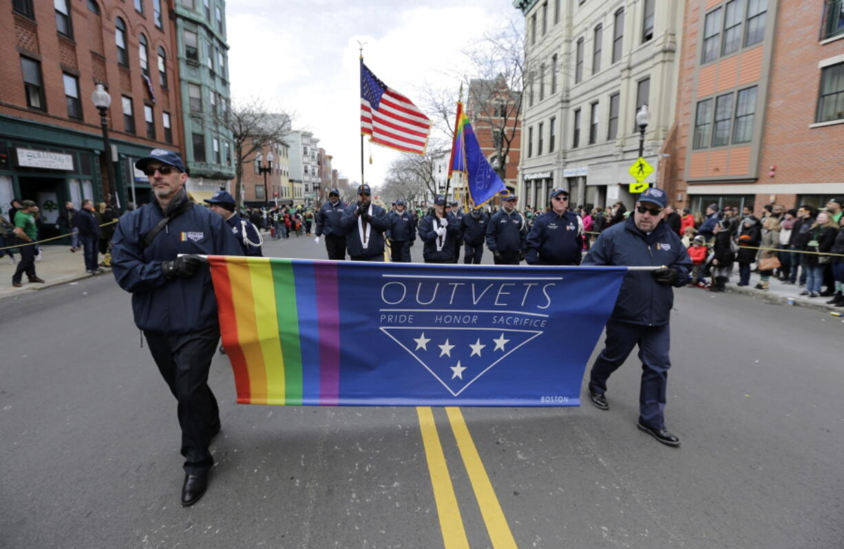 Members of OutVets, a group of gay military veterans, march in the annual St. Patrick&#039;s Day Parade in Boston&#039;s South Boston neighborhood in 2016. The group said Wednesday that it was denied permission to march in the 2017 Boston St. Patrick&#039;s Day parade just two years after organizers made the ground-breaking decision to allow gay groups to participate for the first time.