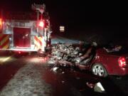 The driver of a vehicle that crashed into a fire engine on state Highway 14 on Wednesday night was seriously injured. The crew on the engine were just about to leave the scene of another crash.