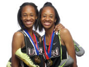 Union seniors Jai’lyn, left, and Dai’lyn Merriweather both set meet records as individuals and part of a relay at the Oregon Relays in Eugene, Ore., on Saturday.