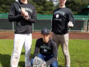 Trevor Swartz, left, catcher Nate Tomas, and Tommy Snyder are part of a pitching-and-defense focus that has Evergreen atop the 3A Greater St. Helens League.