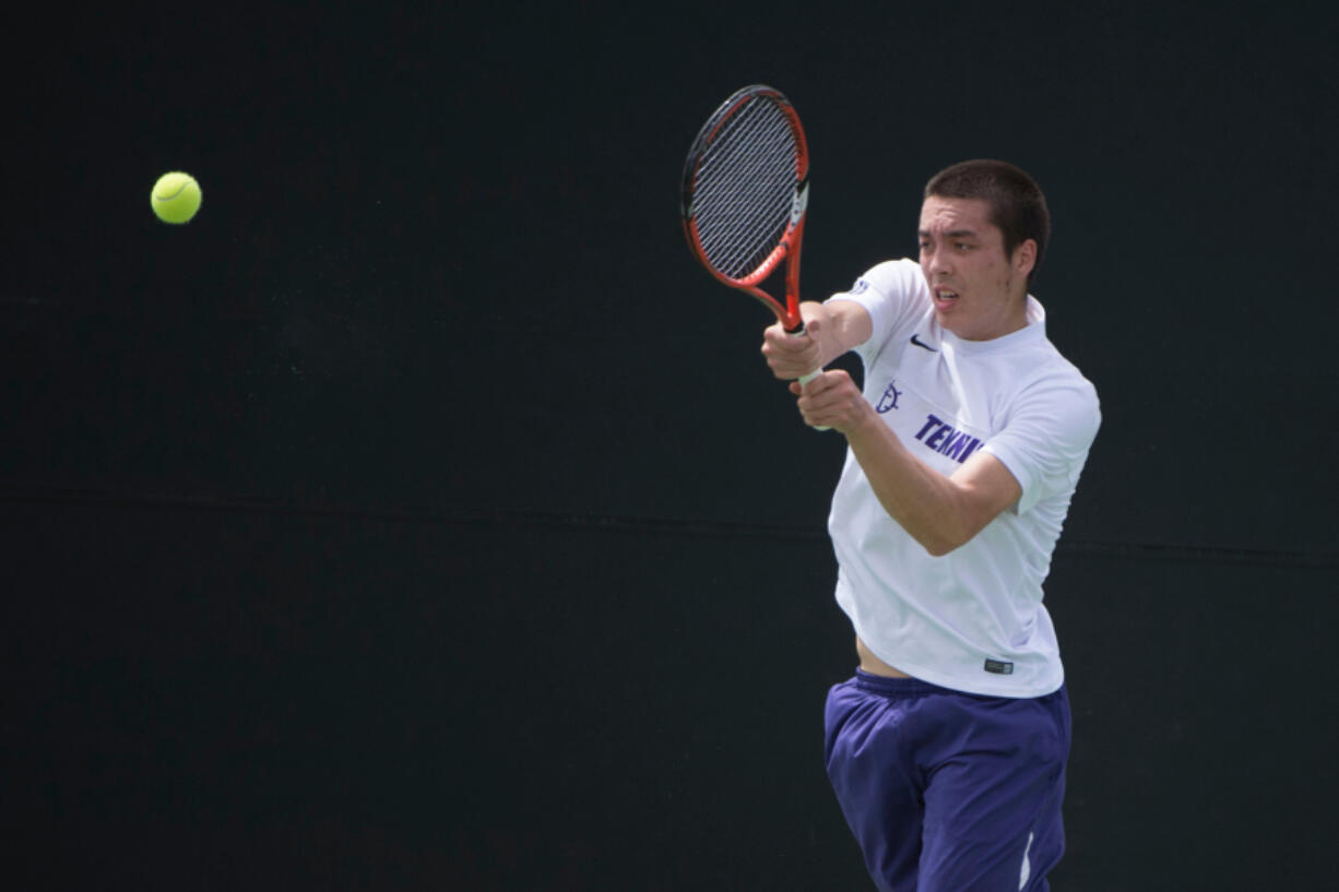 April 28, 2016; Claremont, CA, USA; Portland Pilots player Alex Wallace during the WCC Tennis Championships at Biszantz Family Tennis Center.