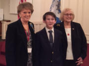 Hudson&#039;s Bay: Fort Vancouver chapter of the Daughters of the American Revolution Regent Leah Higgins, left, poses with eighth-grader Ryan Welch and Anita Daniels, Ryan&#039;s grandmother and former chapter regent.