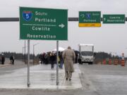 Visitors gather to celebrate the new Interstate 5 interchange at Exit 16 in La Center on Tuesday afternoon.