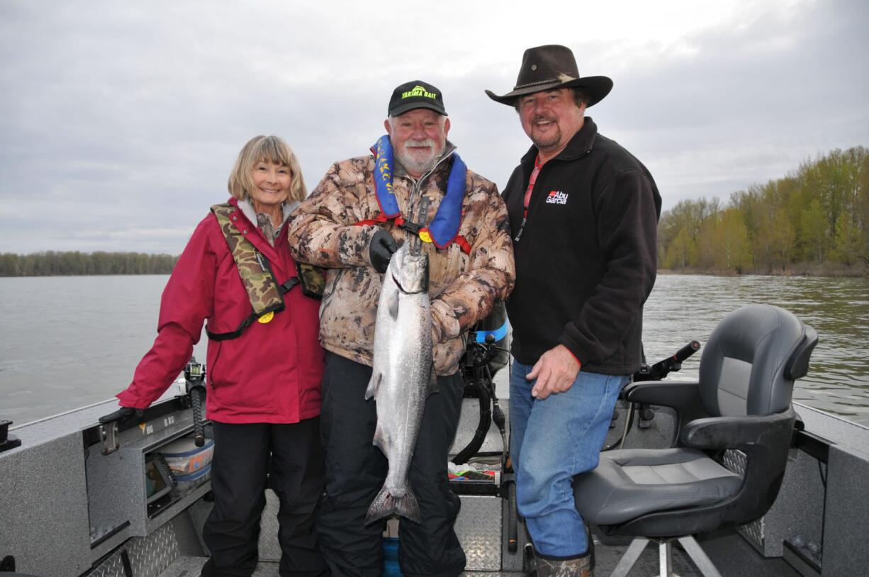 Mitch Sanchotena holds a spring chinook he caught from the lower Columbia River last week. He was anchored in 12 feet of water using a 4.0 Mag Lips in the Mad Clown pattern.