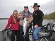 Mitch Sanchotena holds a spring chinook he caught from the lower Columbia River last week. He was anchored in 12 feet of water using a 4.0 Mag Lips in the Mad Clown pattern.