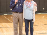 Woodland: Woodland High School Principal John Shoup congratulates Mary Ann Sturdivan, school counselor, for earning the 2017 Classified School Employee of the Year for the Educational Service District 112 region.