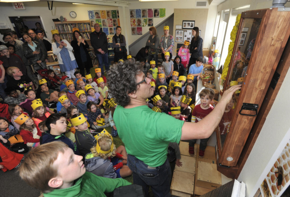 Bee mentor Brian Lacy of Urban Bees and Gardens explains an observation honeybee hive installed in a preschool classroom at the Gardner School of Arts and Sciences in Vancouver. Lacy, who teaches people about the importance of pollinators, hung the plexiglass bee hive on Friday.