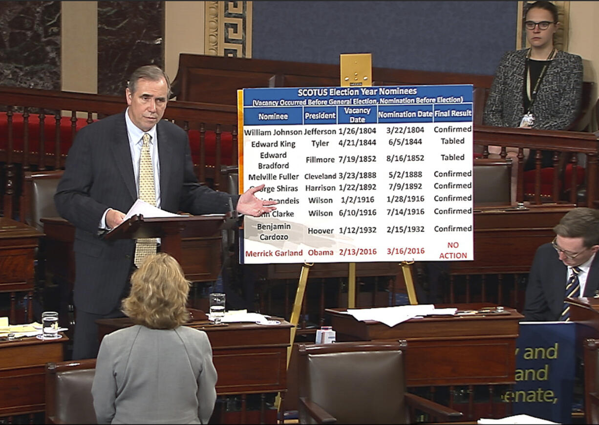 In this frame grab from video provided by Senate Television, Sen. Jeff Merkley, D-Ore. speaks on the floor of the Senate on Capitol Hill in Washington, Wednesday, April 5, 2017. Merkley held the Senate floor through the night and was still going in an attention-grabbing talk-a-thon highlighting his party’s opposition to President Donald Trump’s Supreme Court nominee, Neil Gorsuch.