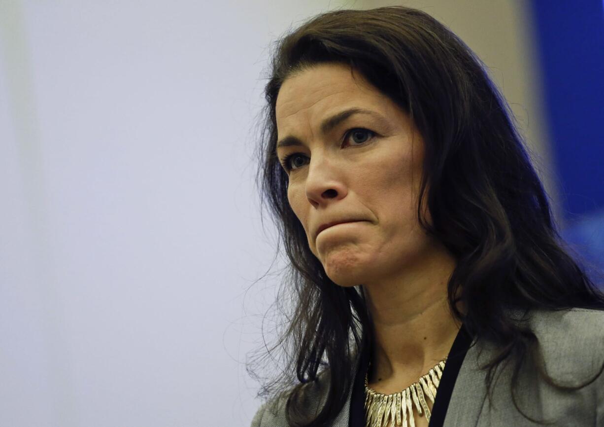 FILE - In this Feb. 21, 2014, file photo, former Olympic figure skater Nancy Kerrigan speaks after a screening of a documentary about the 1994 attack on her. Kerrigan discussed her personal struggles after having six miscarriages in and eight-year span in an interview with ABC News broadcast on April 12, 2017.