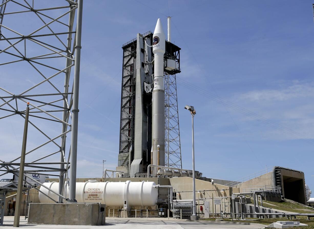 A United Launch Alliance Atlas V rocket that will carry supplies to the International Space Station stands ready at complex 41 at the Cape Canaveral Air Force Station, Monday, April 17, 2017, in Cape Canaveral, Fla. The launch is scheduled for Tuesday morning and for the first time, NASA cameras will provide live 360-degree video of the rocket heading toward space.