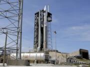 A United Launch Alliance Atlas V rocket that will carry supplies to the International Space Station stands ready at complex 41 at the Cape Canaveral Air Force Station, Monday, April 17, 2017, in Cape Canaveral, Fla. The launch is scheduled for Tuesday morning and for the first time, NASA cameras will provide live 360-degree video of the rocket heading toward space.