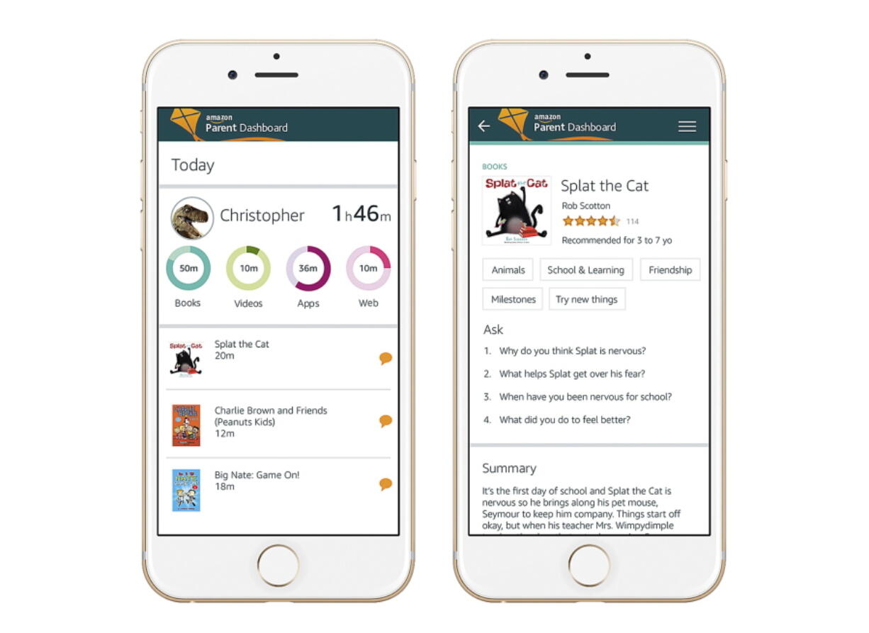 Amazon shows a demonstration of the company&#039;s new parent dashboard tool, on a smartphone. Amazon is introducing new tools to help parents see what their kids are doing on the company&#039;s Fire tablets.