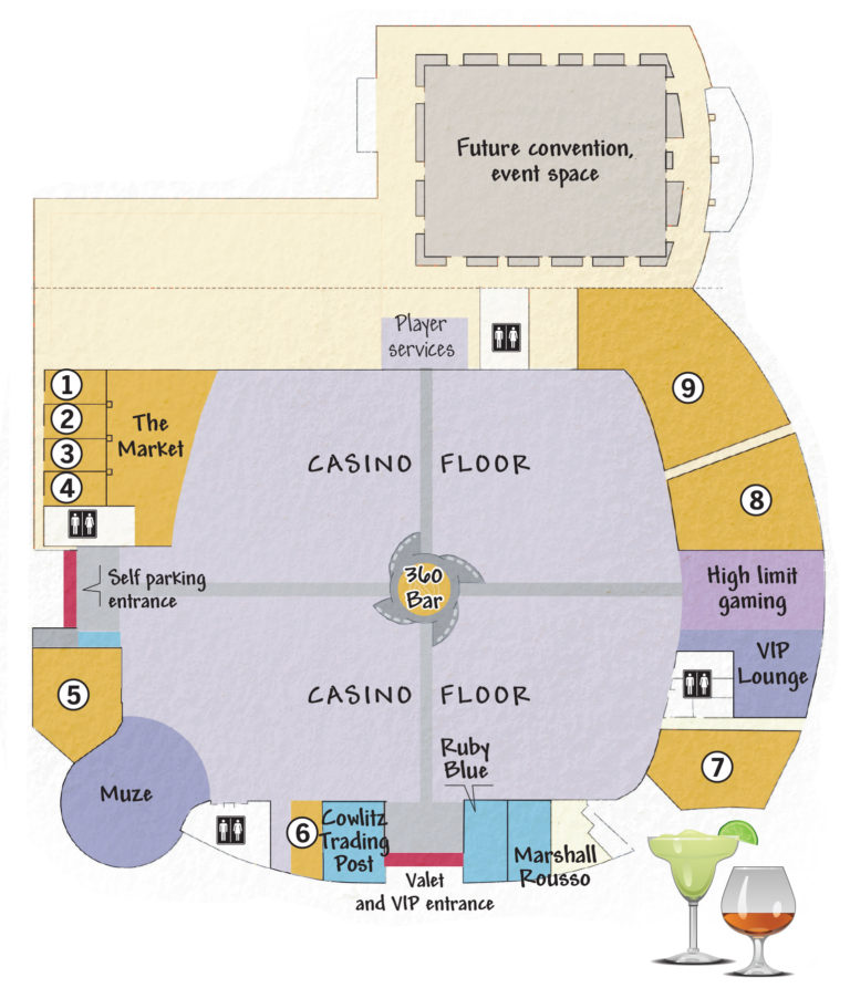 Click to enlarge: 
RESTAURANTS 
(entree prices)
Besides gaming, the casino offers several restaurants and a Starbucks. It will not offer a buffet.
1. Smashburger: Fast-casual burgers, $7 to $10. 
2. i.talia pizzeria: Italian cuisine, $10 to $14.
3. Chef Jet: Asian cuisine, $9 to $14.
4. Butcher & Baker: Sandwiches and salads, $8 to $12.
5. Rose & Thorn: Street food, $8 to $24.
6. Longhouse: Raw bar $6 to $14; sushi and noodles $8 to $22; entrees $12 to $25.
7. Tom’s Urban: Opening this summer.
8. Michael Jordan’s Steak House: Steak, $29 to $51. 
9. Line & Lure Seafood Kitchen and Tap: Seafood, $22 to $31.