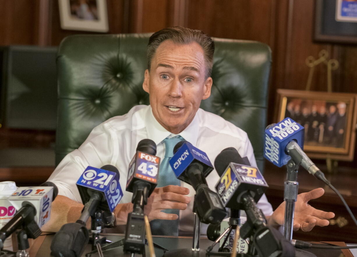 In an afternoon press conference Wednesday April 12, 2017,  in his Harrisburg capitol office embattled Pennsylvania Lt. Governor Mike Stack offers an apology for inappropriate behavior by he and his wife to members of their household staff and security detail. Stack summoned reporters to his Capitol offices to address reports of an investigation into how he and his wife have treated the troopers and state workers who guard and serve them. He said the inspector general&#039;s office notified him by letter of the probe a few days ago.