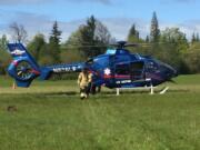 A construction worker who reportedly fell at a job site in Ridgefield on Friday morning was flown via LifeFlight to the trauma center at PeaceHealth Southwest Medical Center.