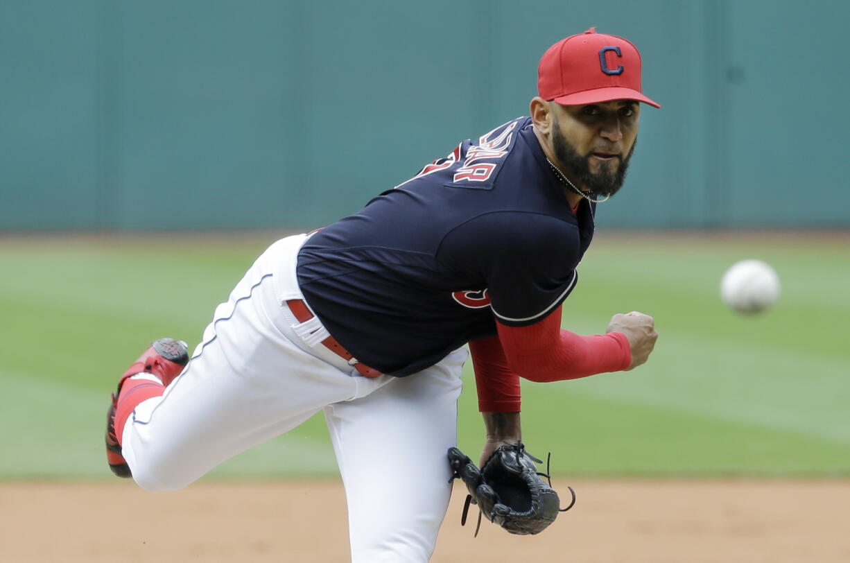 Cleveland Indians starting pitcher Danny Salazar delivers in the first inning of a baseball game against the Seattle Mariners, Saturday, April 29, 2017, in Cleveland.