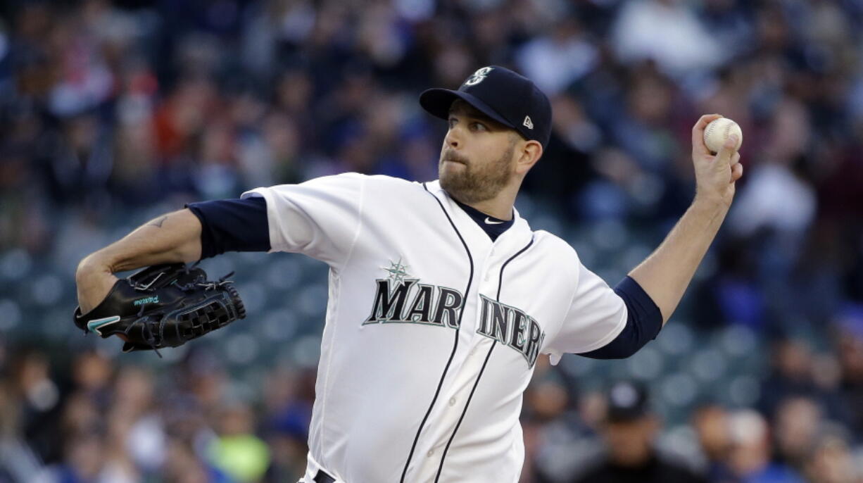 Seattle Mariners starting pitcher James Paxton throws against the Texas Rangers during the third inning of a baseball game Saturday, April 15, 2017, in Seattle.