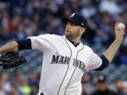 Seattle Mariners starting pitcher James Paxton throws against the Texas Rangers during the third inning of a baseball game Saturday, April 15, 2017, in Seattle.