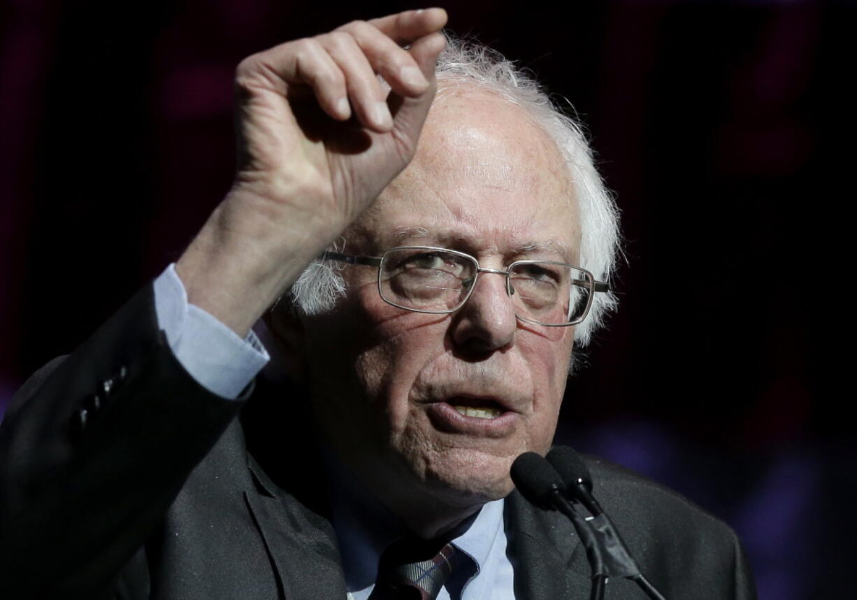 Sen. Bernie Sanders, I-Vt., addresses an audience during a rally Friday in Boston.