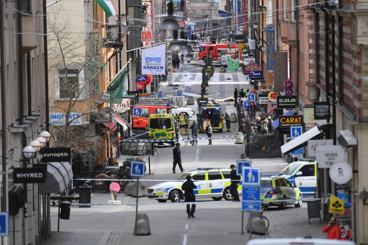 A view of the scene after a truck crashed into a department store injuring several people in central Stockholm, Sweden, Friday April 7, 2017.