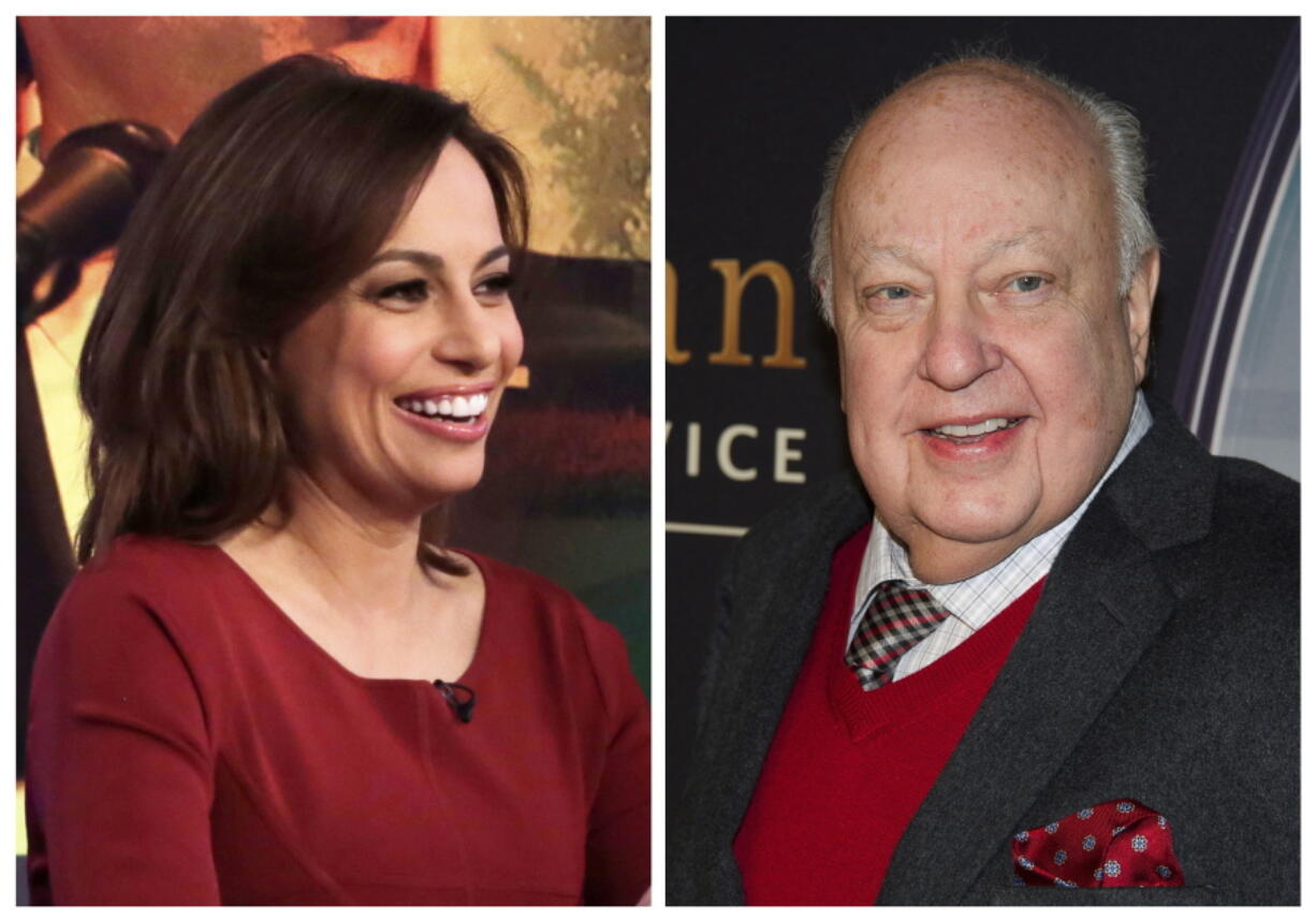 Fox contributor Julie Roginsky, left, appears on &quot;The Five&quot; television program, on the Fox News Channel on March 30, 2015, in New York; then Fox News head Roger Ailes attends a special screening of &quot;Kingsman: The Secret Service&quot; on Feb. 9, 2015 in New York.