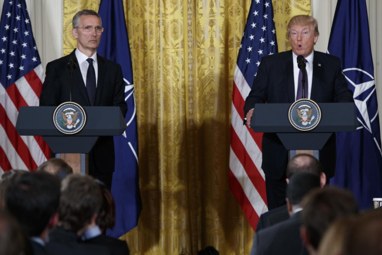 President Donald Trump speaks during a news conference with NATO Secretary General Jens Stoltenberg in the East Room of the White House, Wednesday, April 12, 2017, in Washington.