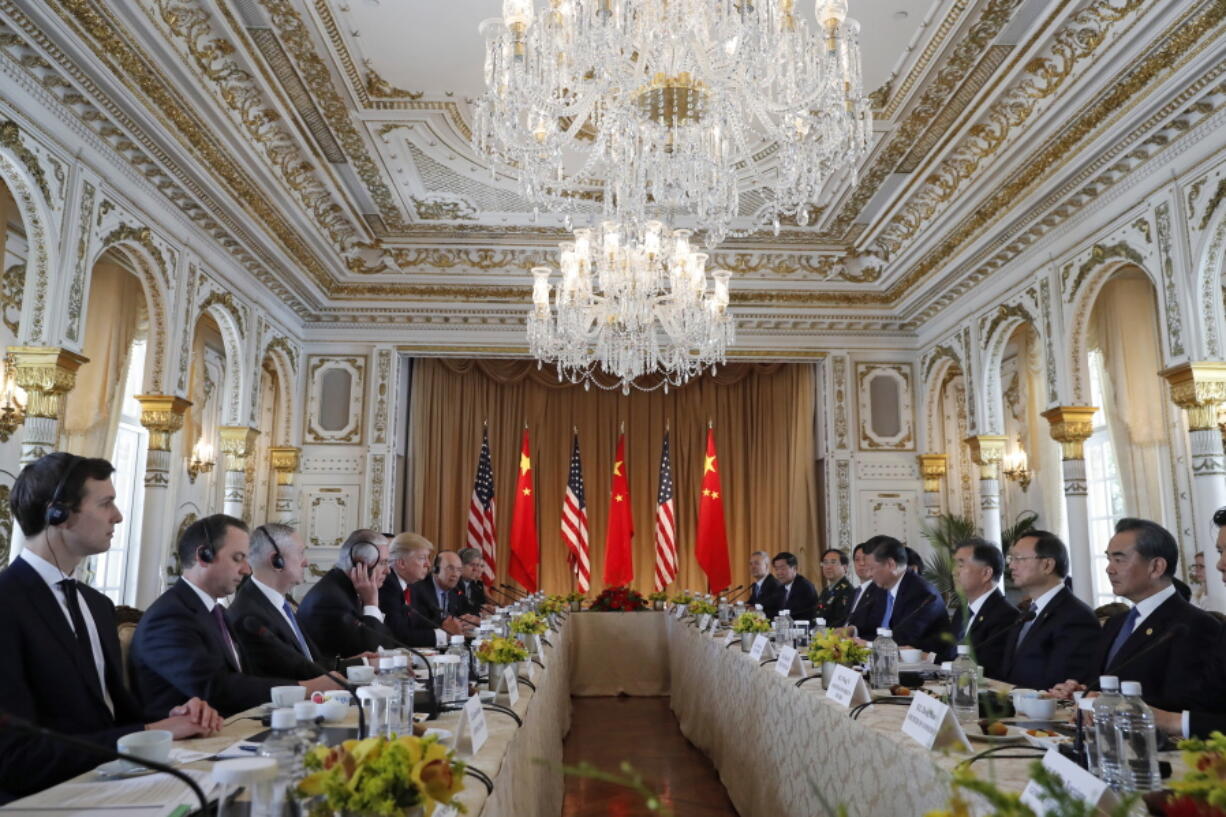 President Donald Trump, left, and Chinese President Xi Jinping participate in a bilateral meeting at Mar-a-Lago, Friday, April 7, 2017, in Palm Beach, Fla. Trump was meeting again with his Chinese counterpart Friday, with U.S. missile strikes on Syria adding weight to his threat to act unilaterally against the nuclear weapons program of China&#039;s ally, North Korea.