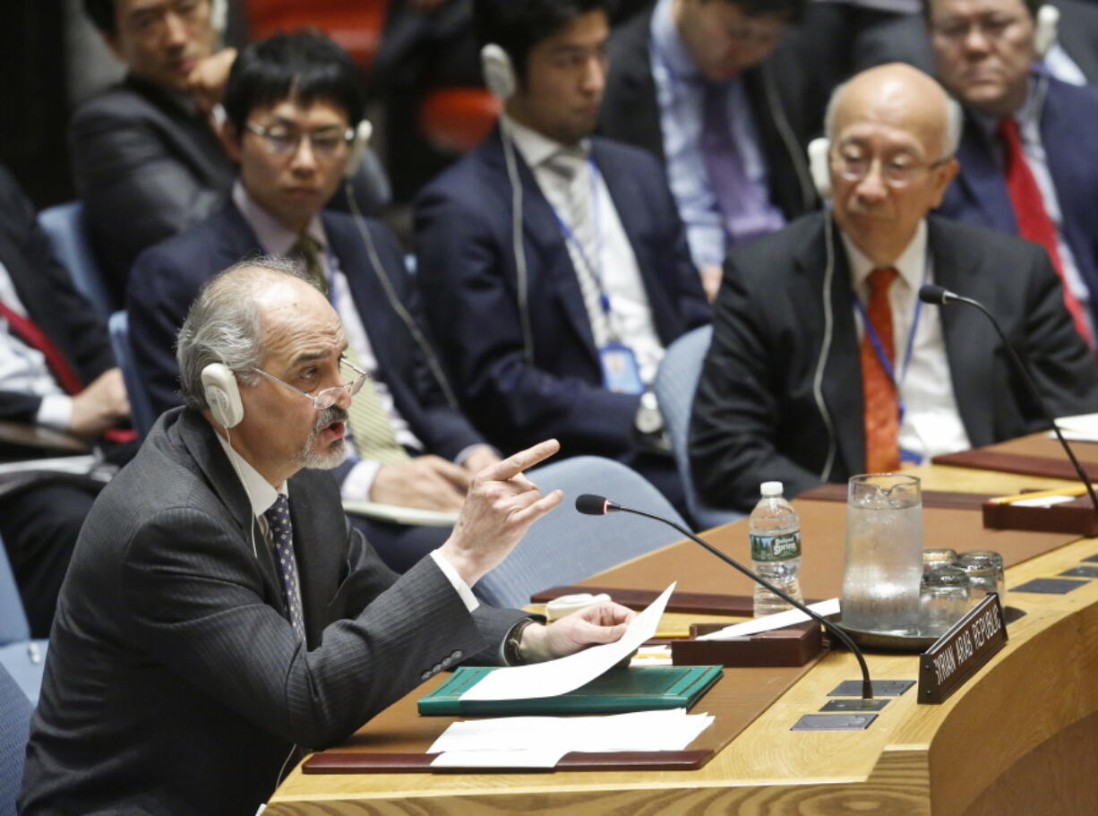 Syria&#039;s Ambassador to the United Nations Bashar Ja&#039;afari address Security Council after a resolution vote condemning Syria&#039;s use of chemical weapons failed to pass, Wednesday, April 12, 2017 at U.N. headquarters.