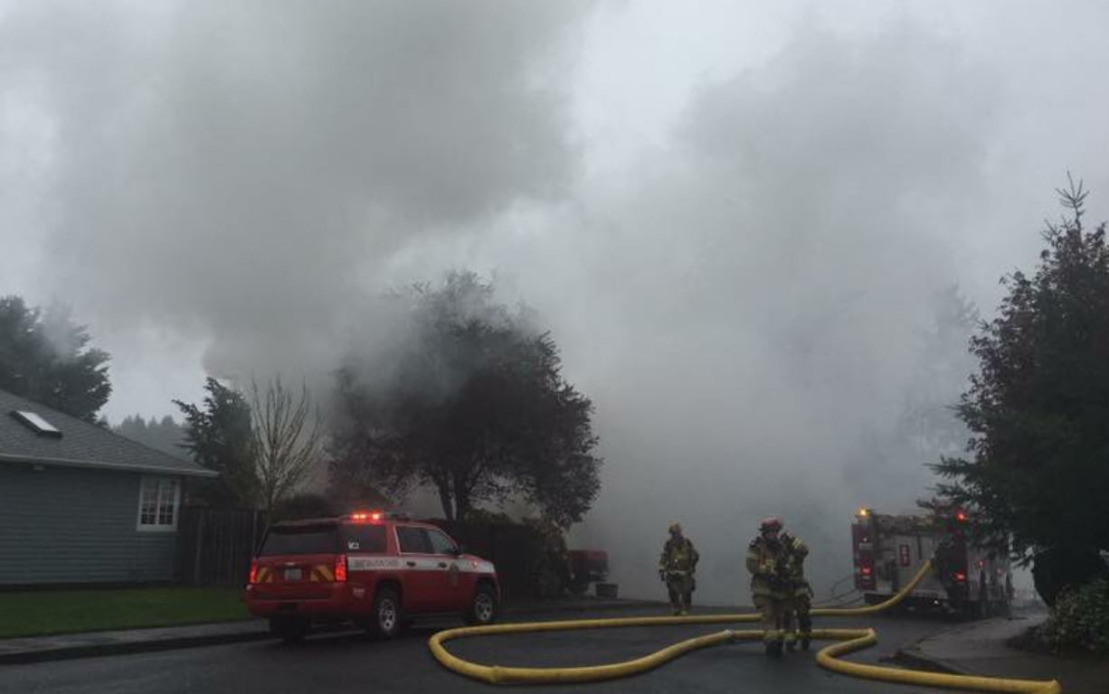 A garage fire was reported at 9:23 a.m. in Clark County's Pleasant Highlands neighborhood. Firefighters quickly doused the blaze, bringing the flames under control in about 20 minutes.