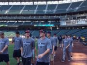 Skyview baseball players walk around on a tour of Safeco Field, where the Storm will play in the 4A state semifinals on Friday (Micah Rice/The Columbian)