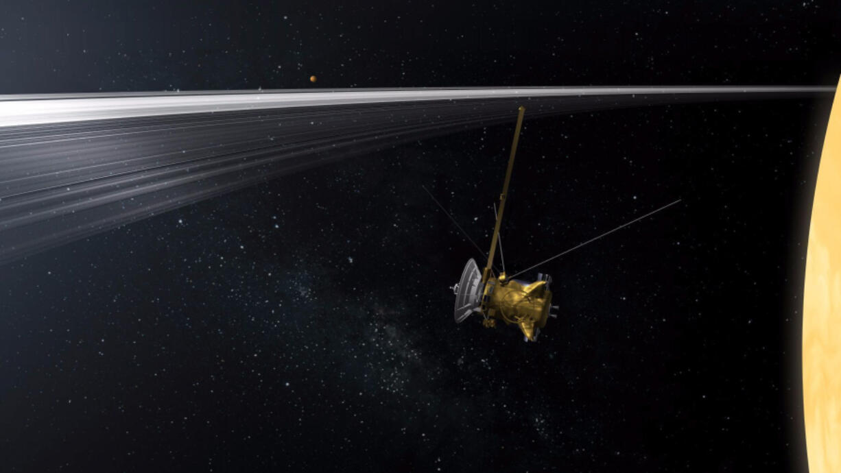 An artist&#039;s illustration of NASA&#039;s Cassini spacecraft crossing Saturn&#039;s ring plane. A maneuver this close to Saturn&#039;s surface was considered too risky earlier in Cassini&#039;s mission.