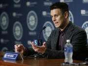 Seattle Mariners general manager Jerry Dipoto talks to reporters in Seattle, Thursday, Jan. 26, 2017, during the Mariners&#039; annual pre-season briefing before the start of Spring Training, (AP Photo/Ted S.