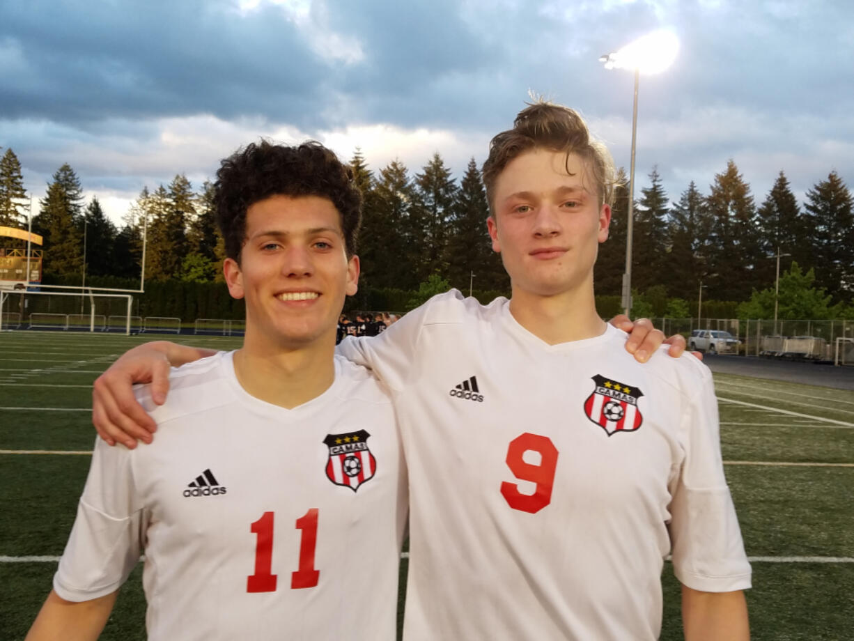 Danny Wing (11) and Josh Schneider (9) of Camas soccer