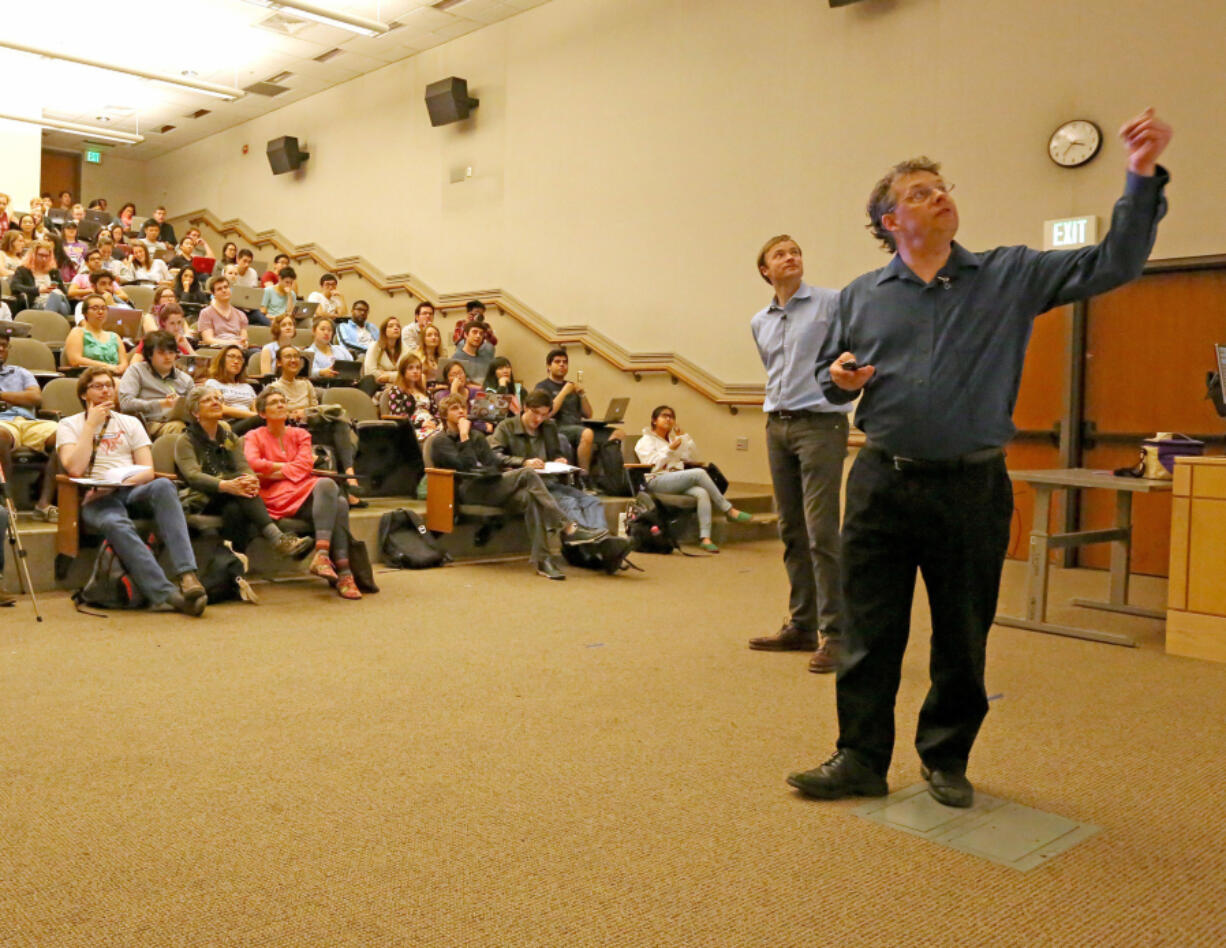 Professors Carl Bergstrom, left, and Jevin West are UW instructors of a one-credit class called “Calling BS in the Age of Big Data.” Greg Gilbert/Seattle Times