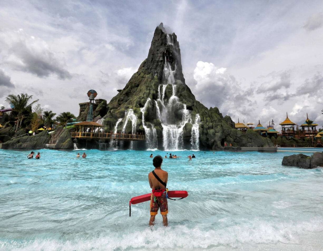 A view of the Krakatau volcano, the centerpiece water attraction at Universal Orlando’s Volcano Bay, during a media preview on Wednesday in Orlando, Fla.