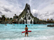 A view of the Krakatau volcano, the centerpiece water attraction at Universal Orlando’s Volcano Bay, during a media preview on Wednesday in Orlando, Fla.