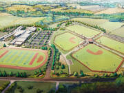 A rendering of Ridgefield School District&#039;s new 5-8 campus and outdoor sports complex.