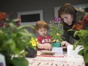 Claire Cole, 2, prepares a flower arrangement with her mom, Katelin Cole, for Golden Grads, individuals who graduated from Washington State University 50 or more years ago, on Monday at the Dengerink Administration Building at WSUV.