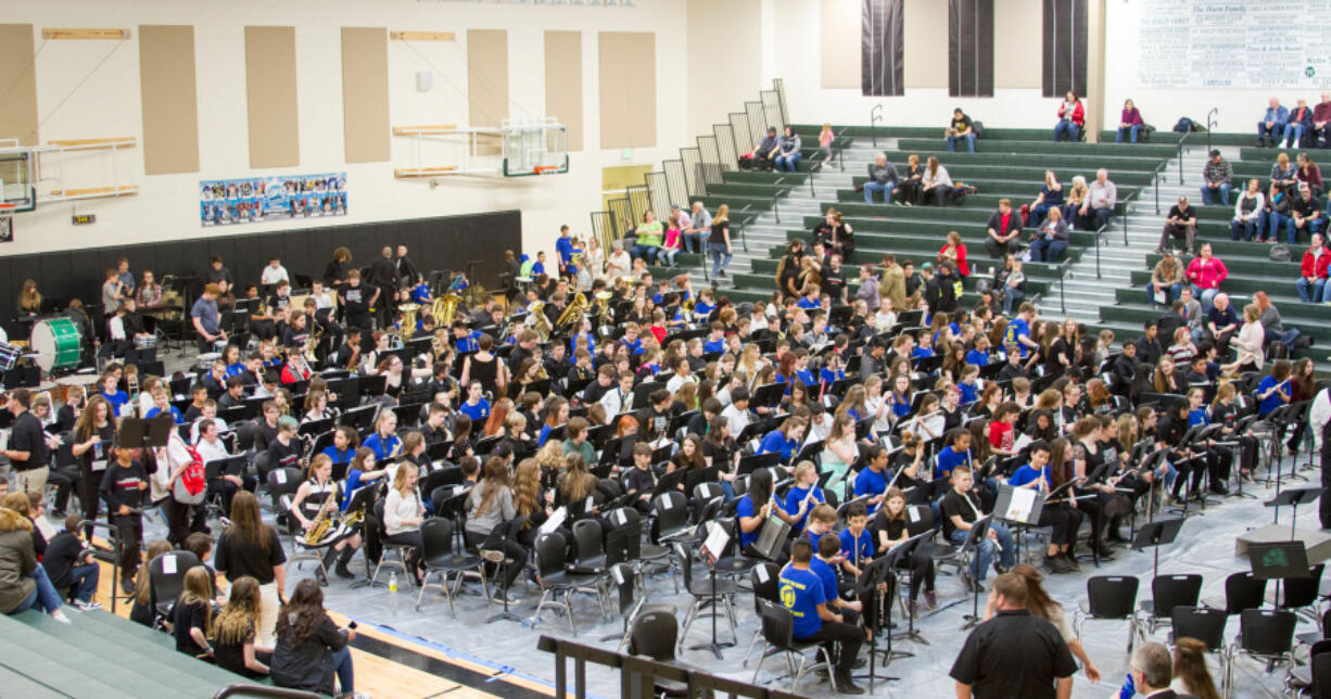 Woodland: The 41st annual Mass Band Middle School Concert, hosted by Woodland High School, brought together a record 436 musicians from 10 Southwest Washington schools for an ensemble performance.