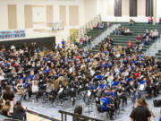 Woodland: The 41st annual Mass Band Middle School Concert, hosted by Woodland High School, brought together a record 436 musicians from 10 Southwest Washington schools for an ensemble performance.