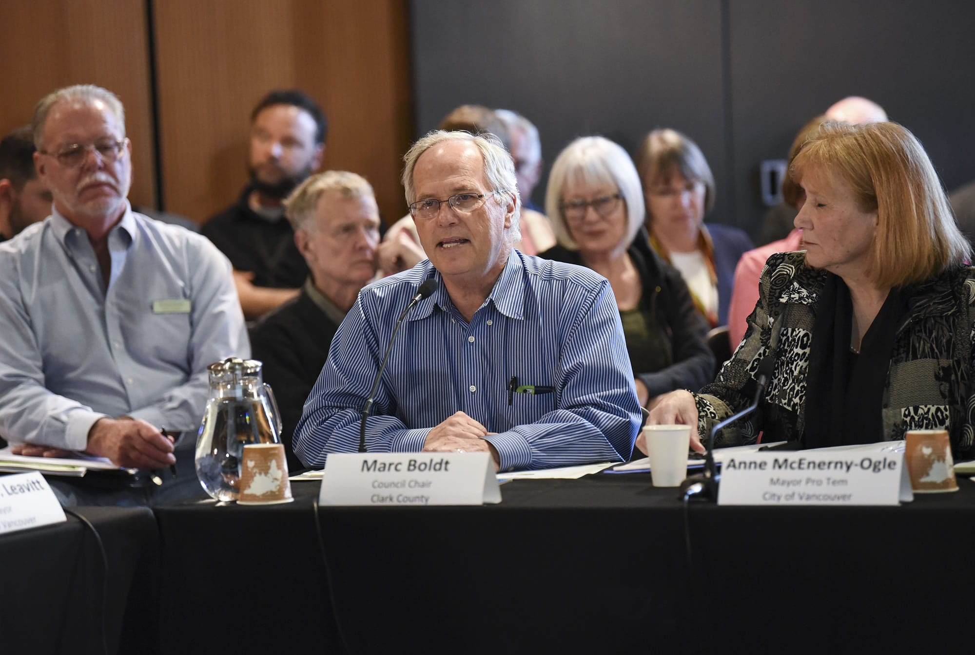 Clark County Council Chair Marc Boldt, center, makes a statement during a meeting about homelessness in Vancouver with the Vancouver City Council and the Board of County Councilors at the Vancouver Community Library, Monday May 1, 2017.