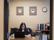 Marissa Riddall starts her workday in her office at the Clark County CNA Training Center. Riddall began working at the school after attending the program through Educational Service District 112&#039;s Connect 2 Careers program.