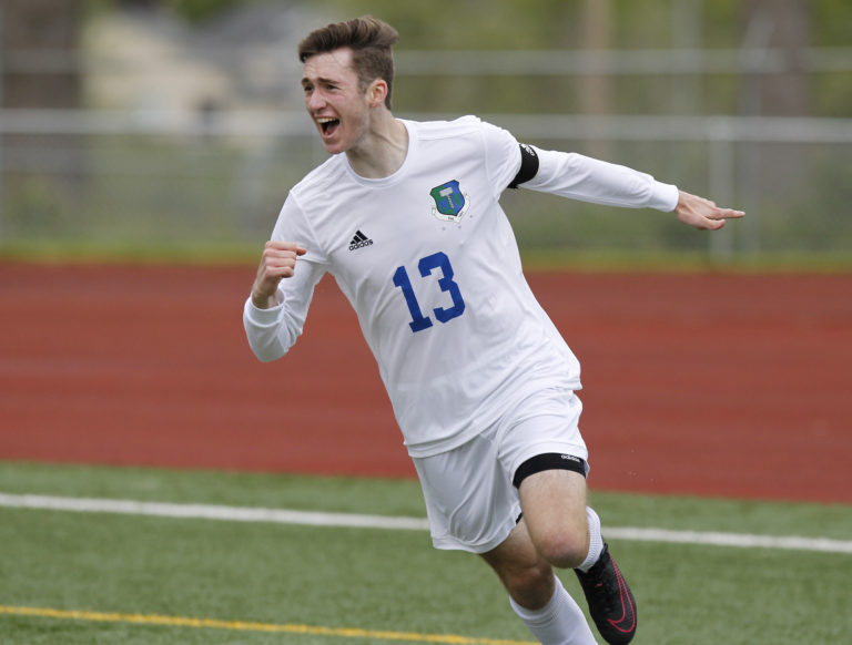 Mountain View's David Warne, celebrates goal against Gig Harbor in bi-district soccer tournament game at McKenzie Stadium.