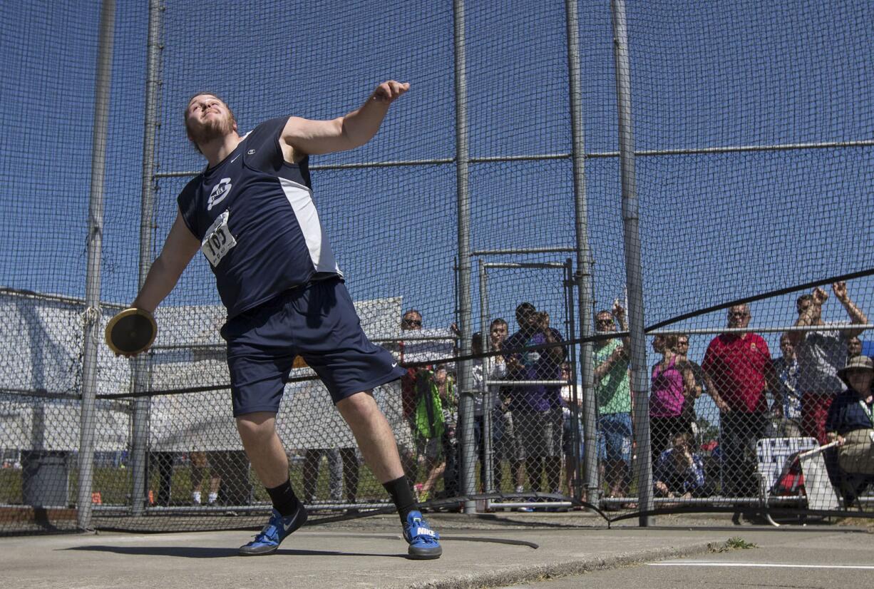 Skyview's Conner Jensen gets ready to uncork a throw in the 4A Boys Discus Throw event at the WA State Track and Field Meet Friday, May 26, 2017, in Tacoma, Wash. Jensen won the event with a toss of 183' 7".