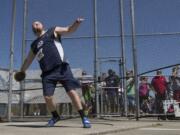 Skyview's Conner Jensen gets ready to uncork a throw in the 4A Boys Discus Throw event at the WA State Track and Field Meet Friday, May 26, 2017, in Tacoma, Wash. Jensen won the event with a toss of 183' 7".