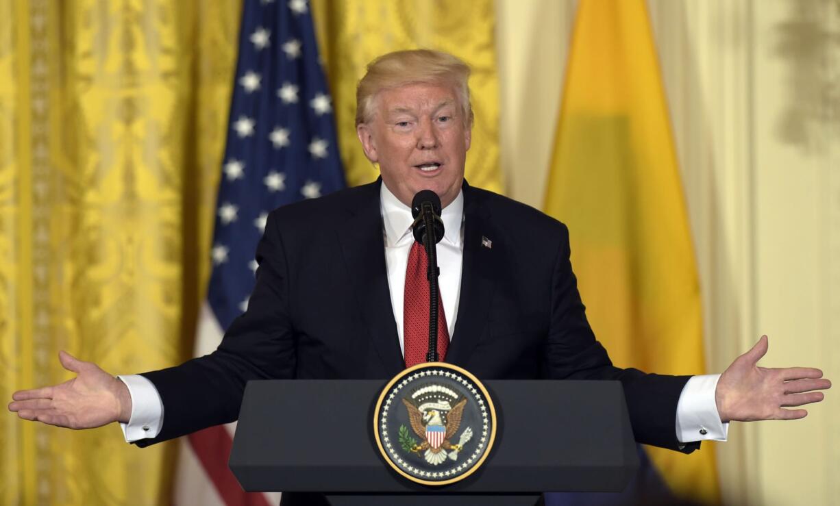 President Donald Trump speaks during a news conference with Colombian President Juan Manuel Santos in the East Room of the White House in Washington, Thursday, May 18, 2017.