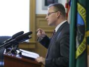 Chris Reykdal, Washington's Superintendent of Public Instruction, talks to reporters, Wednesday, May 24, 2017, in Olympia, Wash. (AP Photo/Ted S.