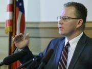 Chris Reykdal, Washington's Superintendent of Public Instruction, talks to reporters, Wednesday, May 24, 2017, in Olympia, Wash. (AP Photo/Ted S.